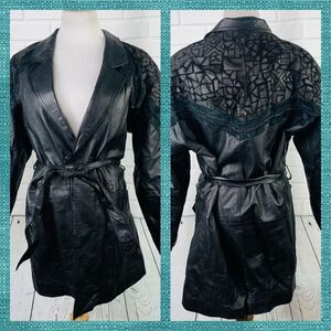 Vintage Margo's Black Textured Leather Belted Trench Coat - Size Small